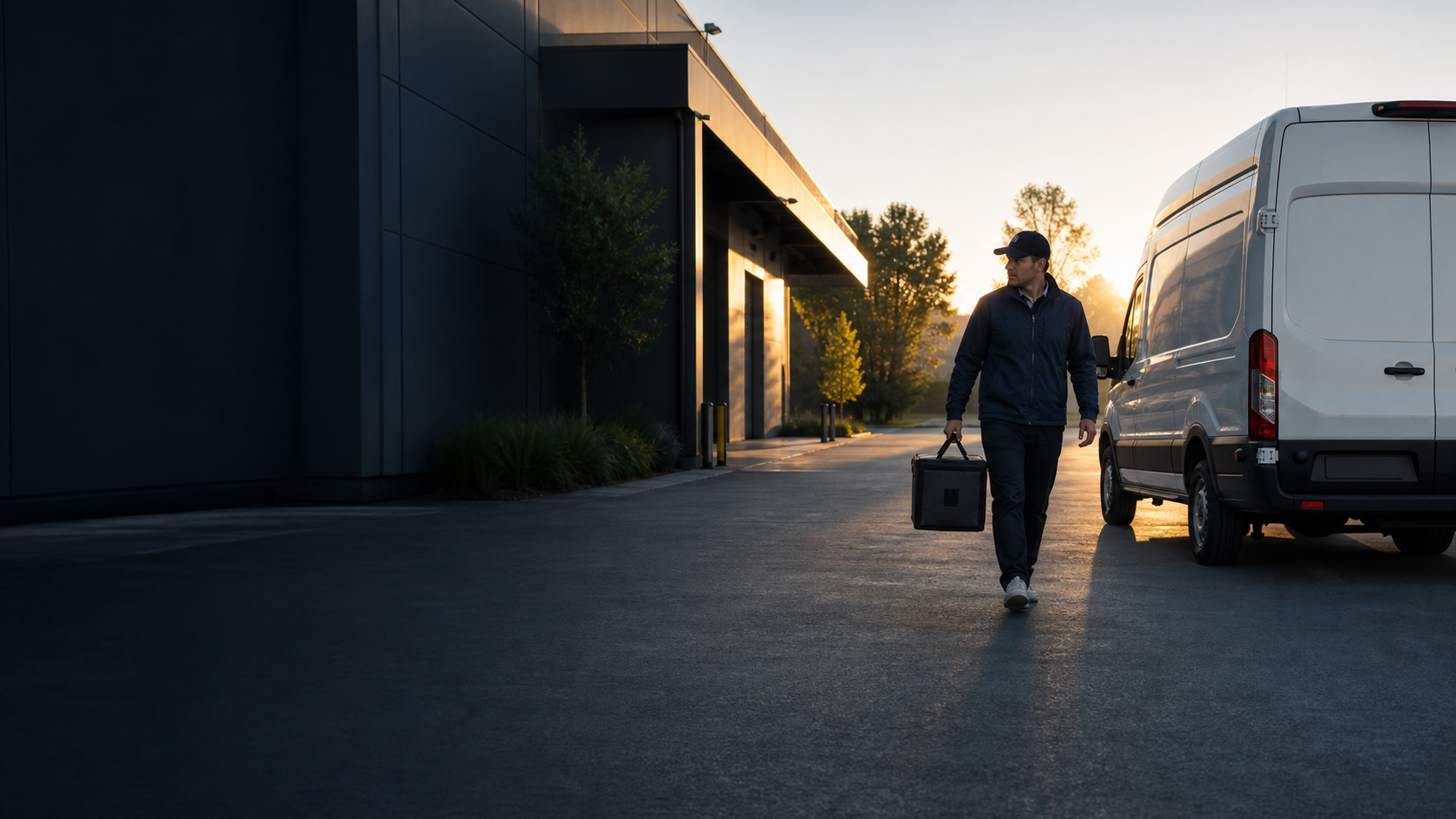 Delivery professional beside a cargo van